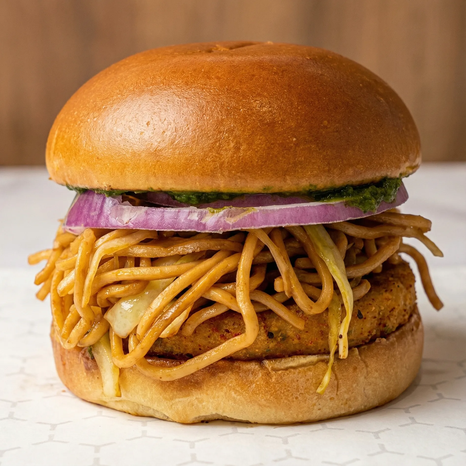 Veg Noodle Burger at Desi Boy'z Pizza Charlesworth Edmonton